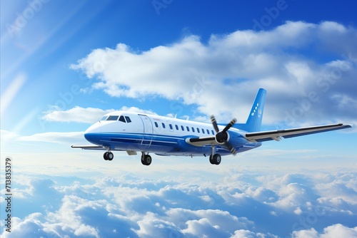 Panoramic background - beautiful blue sky with commercial airplane flying high above the horizon