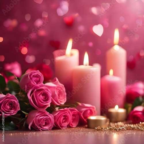 Valentine s day background in pink tones with  rose flowers and burning candles  horizontal luxury glamour romantic backdrop 