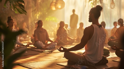 Image of African American charismatic yoga instructor leading a group through a serene practice 