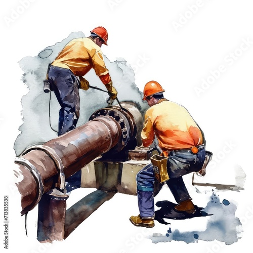 Watercolor painting of workers working on a pipe, isolated on white background photo