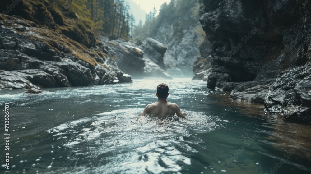 Man swimming in a mountain river Man swimming in a mountain river