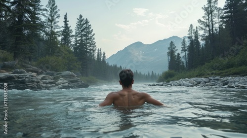 Man swimming in a mountain river 