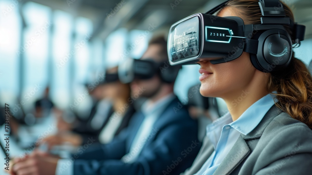 Futuristic Business VR Meeting A glimpse into the future with a virtual reality meeting, showcasing the integration of advanced technology for immersive and collaborative business discussions