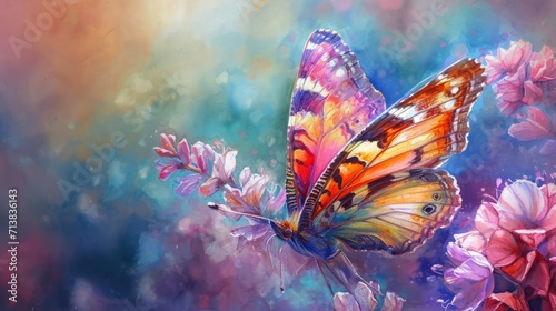 Blue Butterfly on Soft Flowers Wallpaper, generative ai