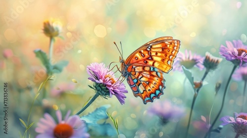Butterfly and Flowers Nature Wallpaper, generative ai