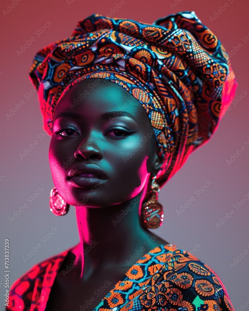 Beautiful portrait of fashionable african american woman in traditional african turban