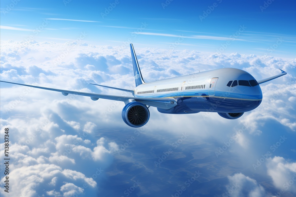 title. panoramic skyline view with commercial airplane flying in clear blue sky,