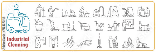 Industrial cleaning line icon set. Carpet cleaning. Detergent. Best quality cleaning. Special stain remover. Industrial vacuum. Vector Thin Line Icon. Simple Minimal