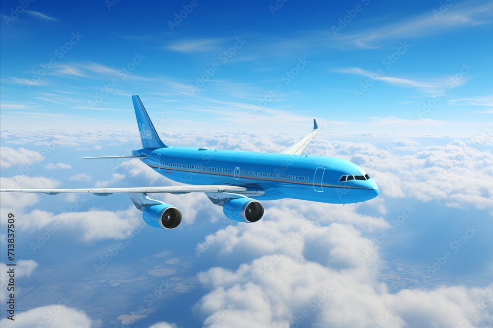 Obraz premium Stunning panoramic background with majestic airplane soaring through the blue sky for commercial use