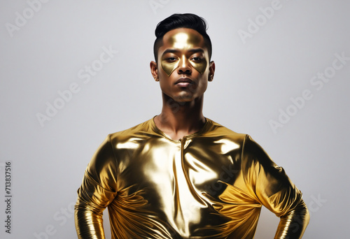 man in gold paint. in colored light, symmetrical composition. Shiny body art paint gold on a black background. shiny metallic