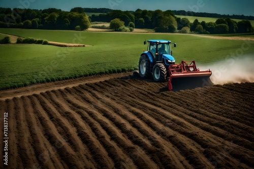Modern tractor working in the field.