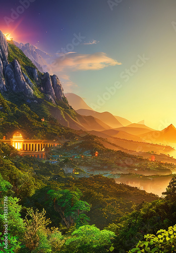 amazing golden dawn over the new civilizations, lush green forest, generated by Ai