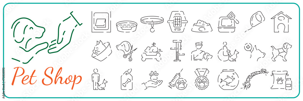Petshop line icon set. Pet shop, pets, cat or dog, vitamin, food, toy and more vector