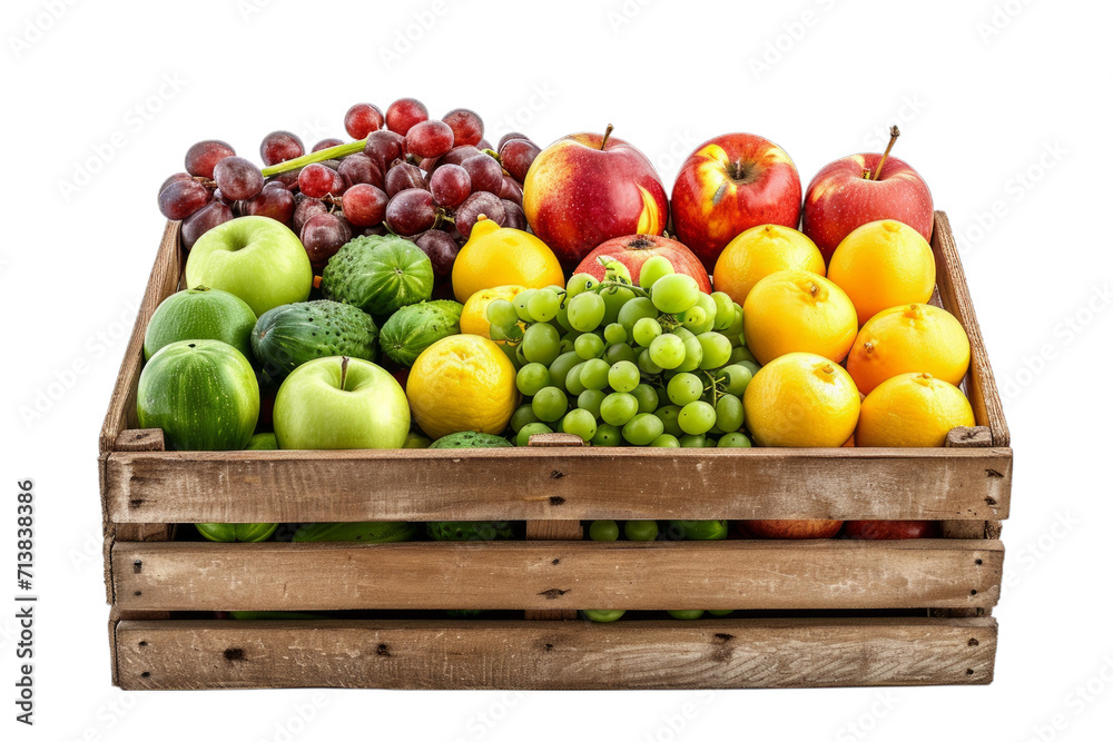 Realistic photography of green, yellow, or red Fruits and Vegetables Inside a wooden box, front view, isolated on white background. Realistic photography of green, yellow, or red Fruits and Vegetables Inside a wooden box, front view, isolated on white background.
