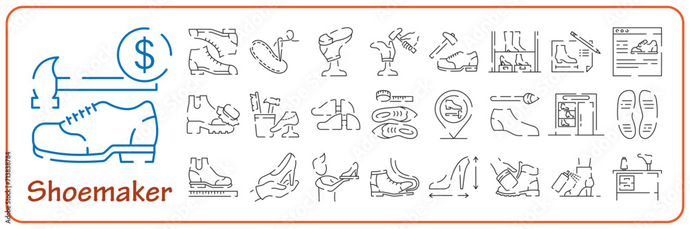Shoemaker line icon set. Shoes seller line icon vector. shoes seller sign. isolated contour symbol black illustration Shoemaker line icon set. Shoes seller line icon vector. shoes seller sign. isolated contour symbol black illustration