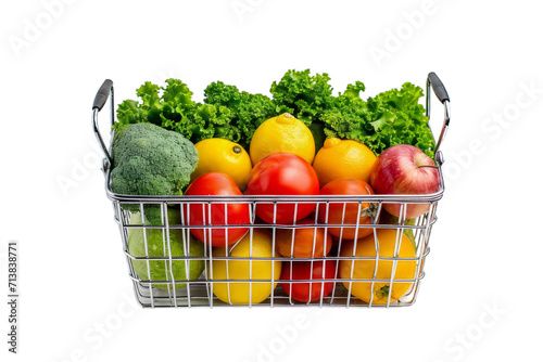 Realistic photography of green, yellow, or red Fruits and Vegetables Inside a wire shopping basket, front view, isolated on white background.