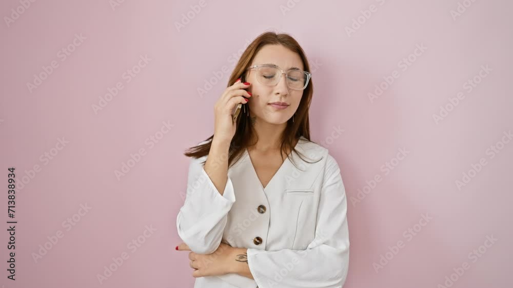 Cute young brunette girl, all smiles, cooking up an idea while on a call, pointing a finger upwards. numero uno on a fancy pink isolate backdrop! Cute young brunette girl, all smiles, cooking up an idea while on a call, pointing a finger upwards. numero uno on a fancy pink isolate backdrop!