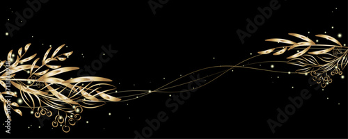 Vector art deco luxury flower, leaves line pattern, golden background. Golden botany banner. Japanese style Hand drawn vector. Line art style design. Hand drawn florals for packaging,coveand wall arts