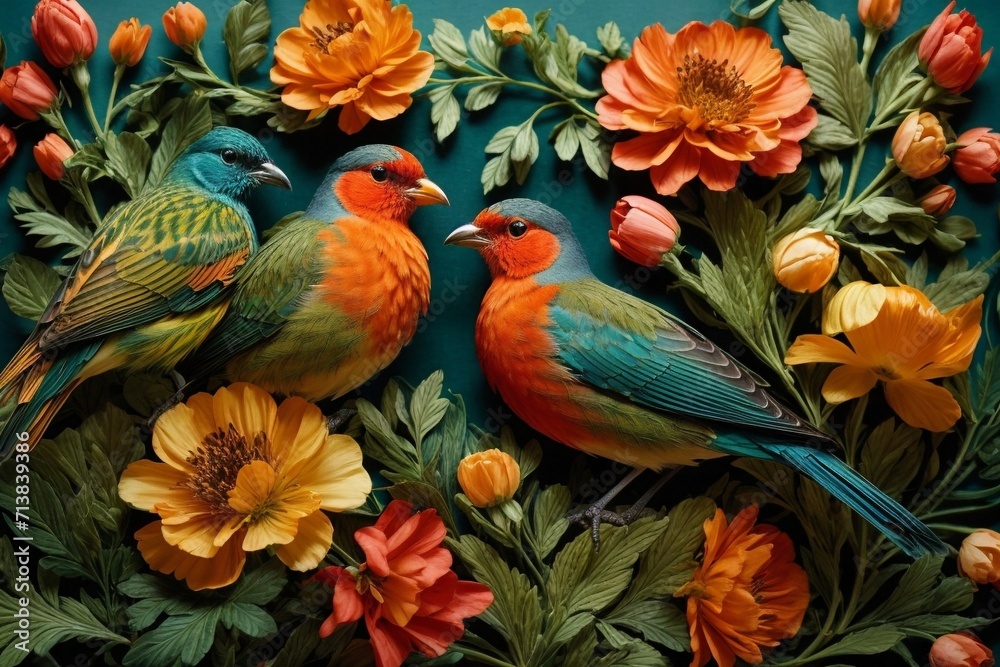 Fototapeta premium A Blooming Affair Generative AI's Colorful Botanical Symphony with Birds and Roses