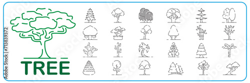 Tree line icon set. Naturally beautiful symbol, wooden trunk and outline branches for map. Tree vector outline art illustration isolated on white background