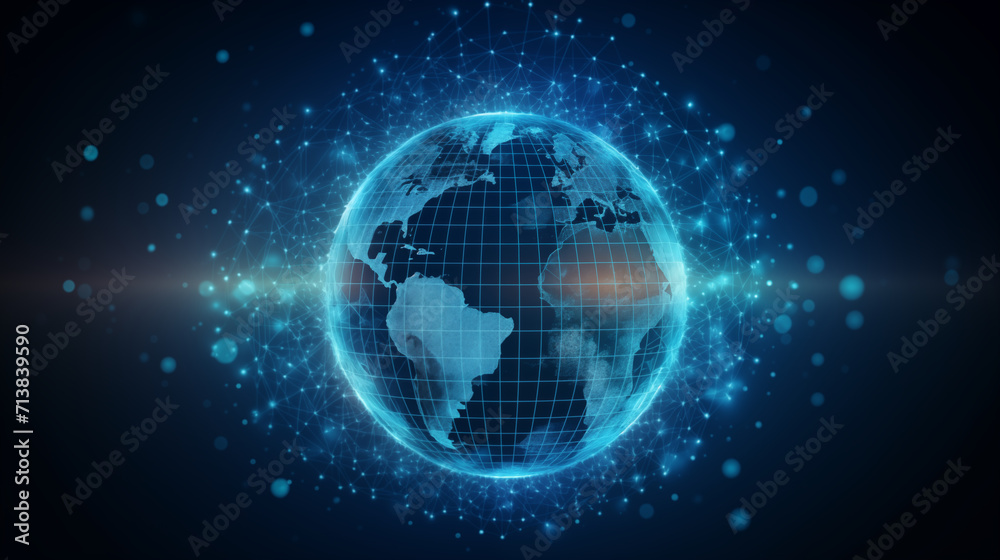 A digital globe of the Earth is surrounded by glowing particles. The globe is a 3D rendering, made up of lines and dots. The particles are small and bright, and they seem to be moving around the globe A digital globe of the Earth is surrounded by glowing particles. The globe is a 3D rendering, made up of lines and dots. The particles are small and bright, and they seem to be moving around the globe