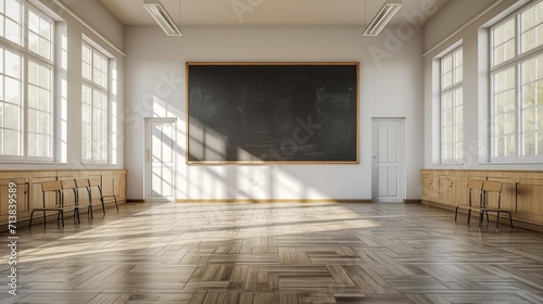 Bright classroom with empty blackboard, desks and chairs in a lecture hall