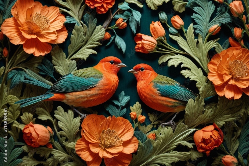 Fototapeta premium A Vivid Bloom Generative AI's Botanical Wonder with Birds and Roses