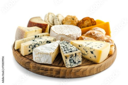 Realistic photography of Cheese wooden plate full of delicatessen, front and close-up view, classic and elegant atmosphere, isolated on white background.