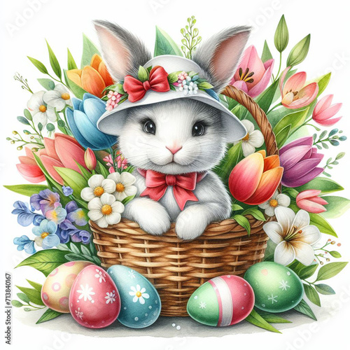 Easter bunny sitting in a basket with a big smile on its face. The basket is filled with spring flowers. The background is a simple white