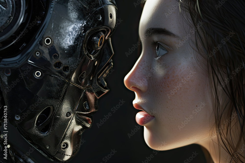 closeup Robot and young woman face to face. closeup Robot and young woman face to face.