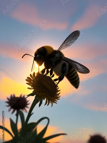 As the sun sets over the horizon a lone bumblebee close Generative AI © Flashup