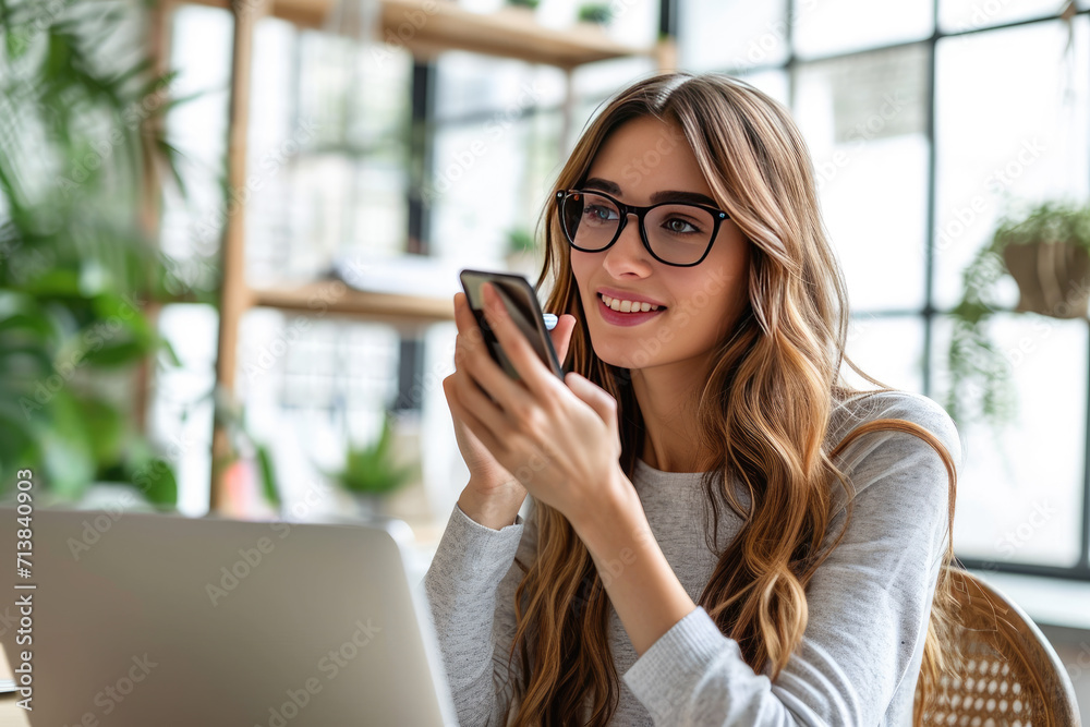 closeup Young woman talking on smart phone while working at home office closeup Young woman talking on smart phone while working at home office