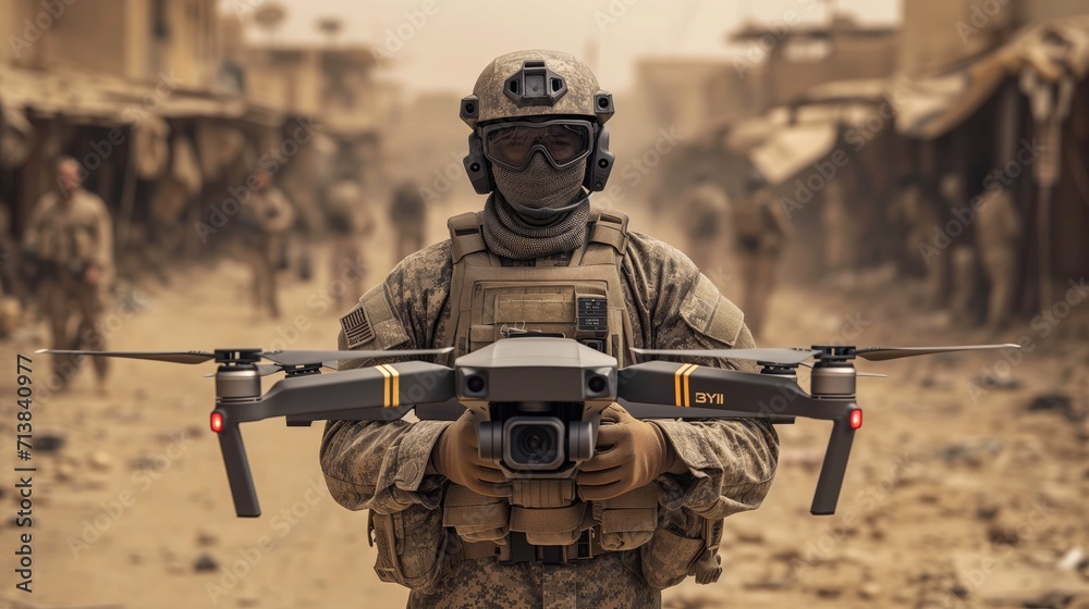 Focused Soldier Operating FPV Drone Tactical Coordination in Modern Military Operations