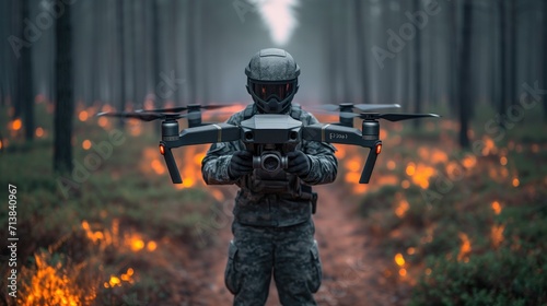 Focused Soldier Operating FPV Drone Tactical Coordination in Modern Military Operations photo