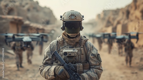 Focused Soldier Operating FPV Drone Tactical Coordination in Modern Military Operations