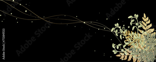 Vector art deco luxury flower, leaves line pattern, golden background. Golden botany banner. Japanese style Hand drawn vector. Line art style design. Hand drawn florals for packaging,coveand wall arts