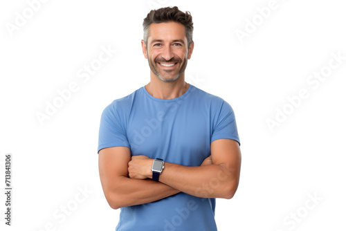 Smiling businessman, wearing blue t-shirt, hold phone in hand, on transparency background PNG