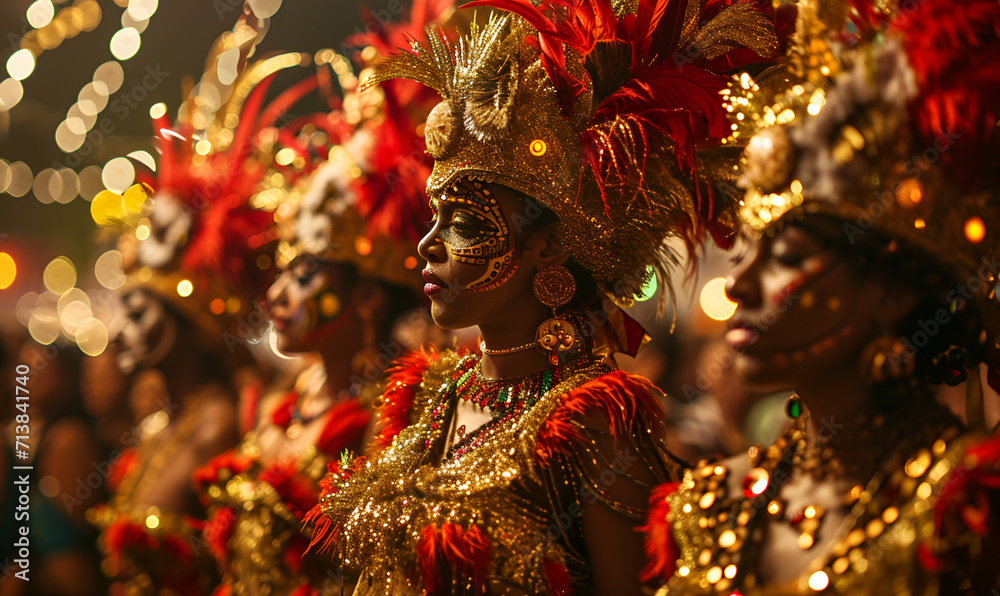 People in carnival costumes with feathers and sequins at a colorful dance party generated AI