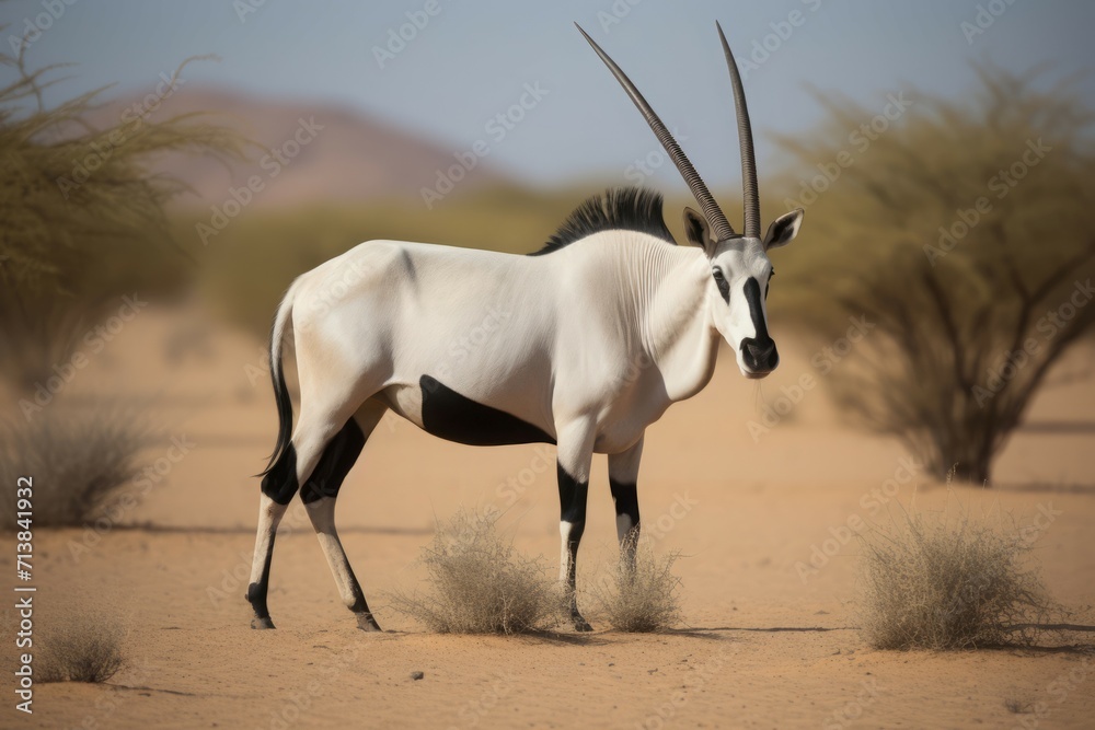 Oryx antelope wild safari reservation. Savannah wildlife endangered horned animal. Generate ai Oryx antelope wild safari reservation. Savannah wildlife endangered horned animal. Generate ai
