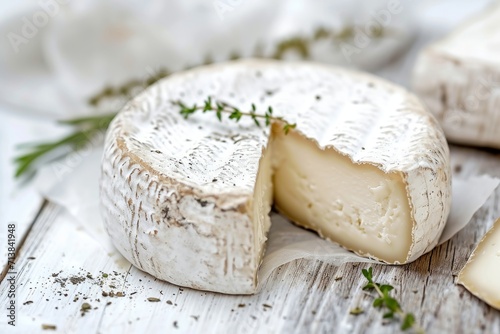 Close up photo of delicious old goat creamy cheese on white wooden table.