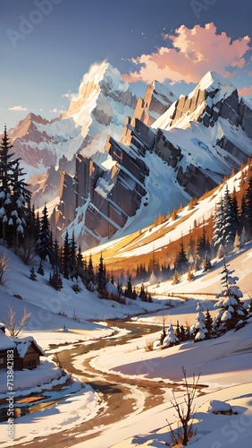View of mountains filled with snow with a bright blue sky. Beautiful snow mountains wallpaper with anime style 