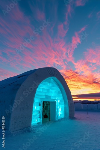 Illuminated ice hotel against the backdrop of a vibrant sunset photo