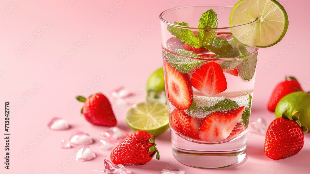 A glass of water with strawberries and ice cubes on a table, Ai Generated A glass of water with strawberries and ice cubes on a table, Ai Generated