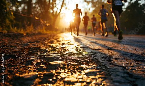 People running a marathon at dawn generated AI photo