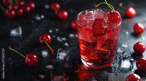 A glass of cherry juice with ice cubes and cherries on a table, Ai Generated photo