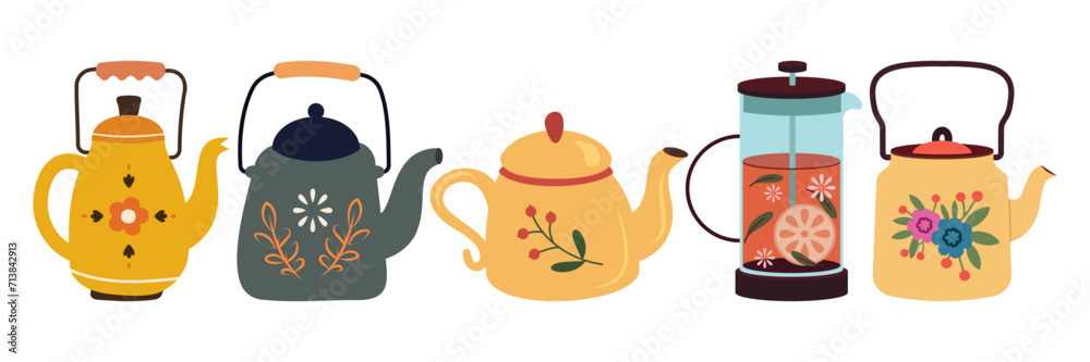 Cups with tea, mugs, desserts, sweets, pastry and ceramic teapots. Breakfast leaf drink. Kettle pouring hot beverage. Tea party vector set. Jar with cookies, plate with lemons and bottle with milk