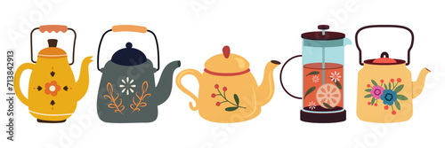 Cups with tea, mugs, desserts, sweets, pastry and ceramic teapots. Breakfast leaf drink. Kettle pouring hot beverage. Tea party vector set. Jar with cookies, plate with lemons and bottle with milk