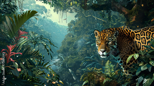 Amazon rainforest with a jaguar in the foreground and the Amazon River in the background photo