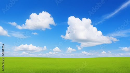 Beautiful grassy fields and summer blue sky with fluffy white clouds in the wind. Wide format Generated AI