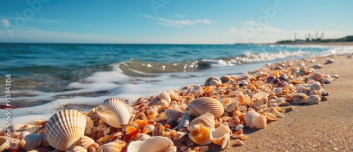 A close-up of numerous seashells on the sandy beach, with the ocean in the background, is picturesque, Ai Generated.